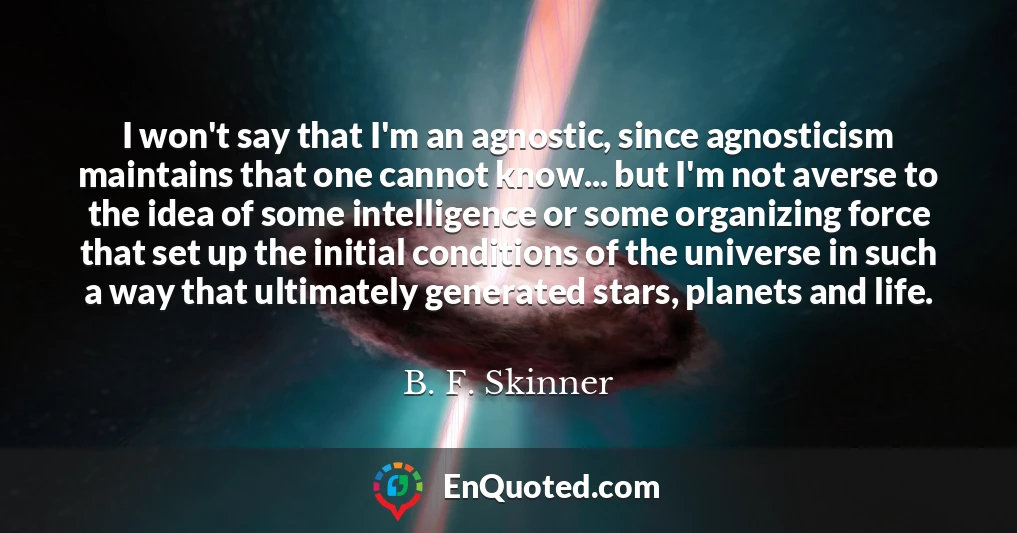 I won't say that I'm an agnostic, since agnosticism maintains that one cannot know... but I'm not averse to the idea of some intelligence or some organizing force that set up the initial conditions of the universe in such a way that ultimately generated stars, planets and life.