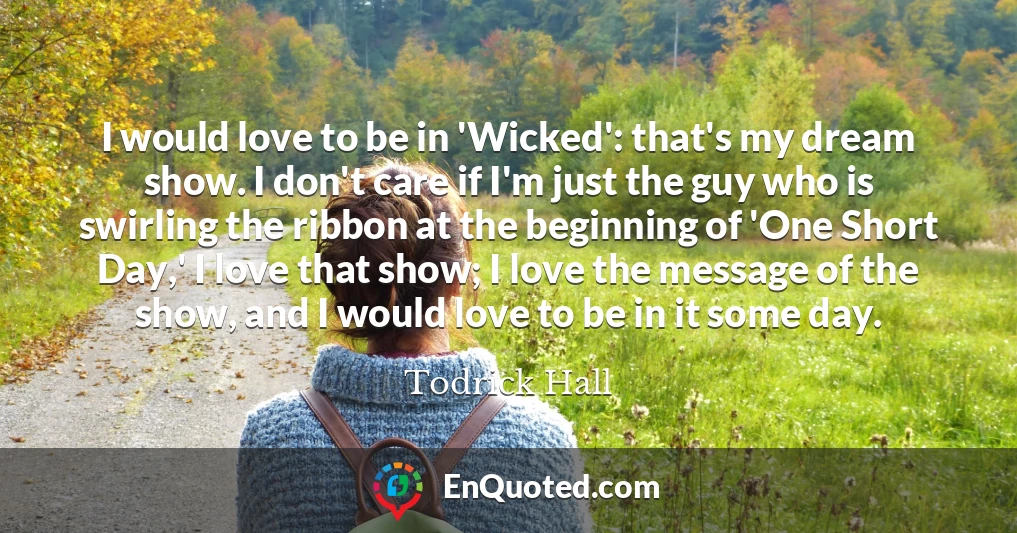 I would love to be in 'Wicked': that's my dream show. I don't care if I'm just the guy who is swirling the ribbon at the beginning of 'One Short Day,' I love that show; I love the message of the show, and I would love to be in it some day.