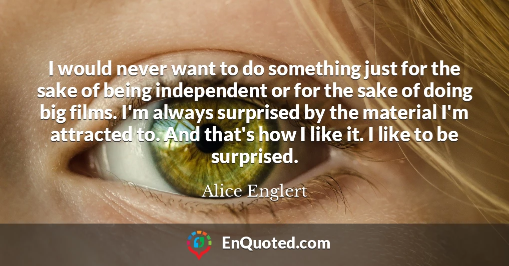 I would never want to do something just for the sake of being independent or for the sake of doing big films. I'm always surprised by the material I'm attracted to. And that's how I like it. I like to be surprised.