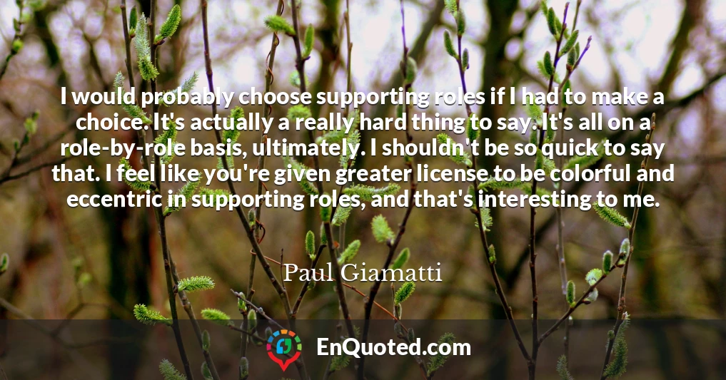 I would probably choose supporting roles if I had to make a choice. It's actually a really hard thing to say. It's all on a role-by-role basis, ultimately. I shouldn't be so quick to say that. I feel like you're given greater license to be colorful and eccentric in supporting roles, and that's interesting to me.