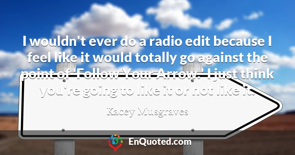 I wouldn't ever do a radio edit because I feel like it would totally go against the point of 'Follow Your Arrow.' I just think you're going to like it or not like it.