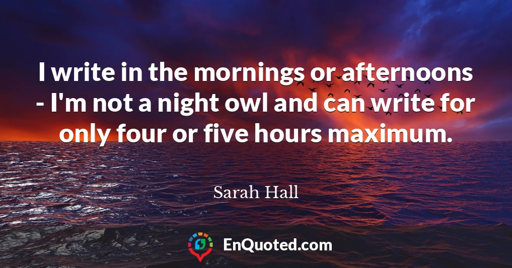 I write in the mornings or afternoons - I'm not a night owl and can write for only four or five hours maximum.
