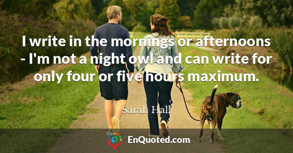 I write in the mornings or afternoons - I'm not a night owl and can write for only four or five hours maximum.