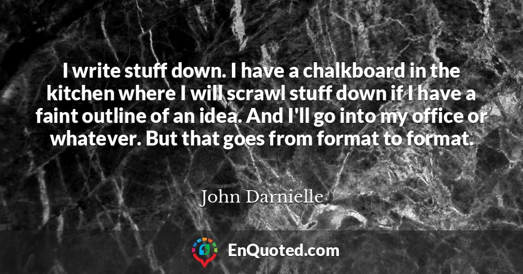 I write stuff down. I have a chalkboard in the kitchen where I will scrawl stuff down if I have a faint outline of an idea. And I'll go into my office or whatever. But that goes from format to format.