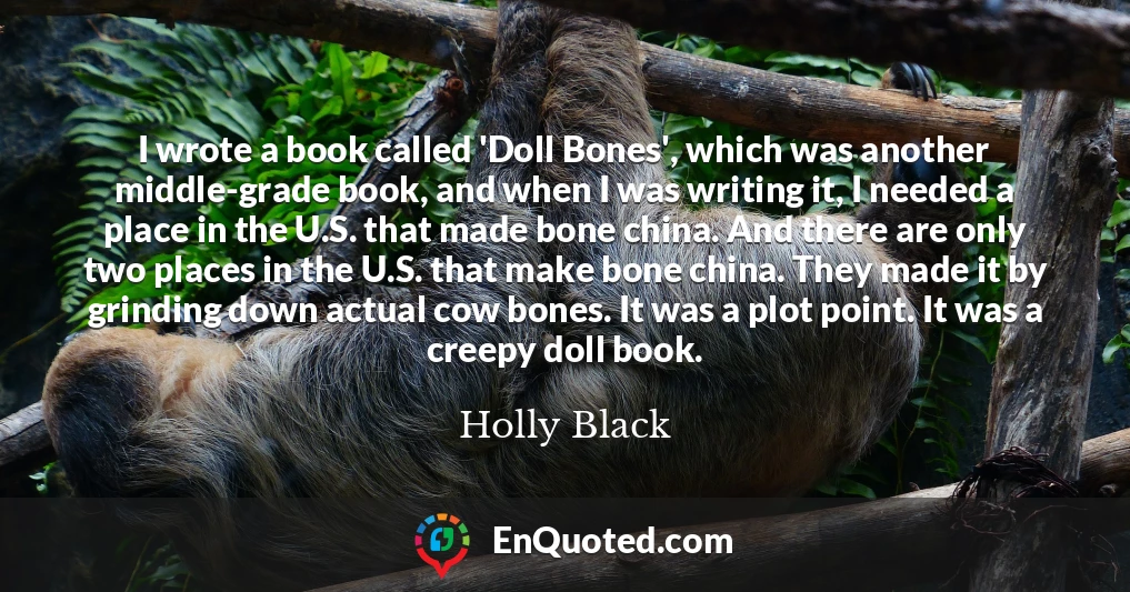 I wrote a book called 'Doll Bones', which was another middle-grade book, and when I was writing it, I needed a place in the U.S. that made bone china. And there are only two places in the U.S. that make bone china. They made it by grinding down actual cow bones. It was a plot point. It was a creepy doll book.