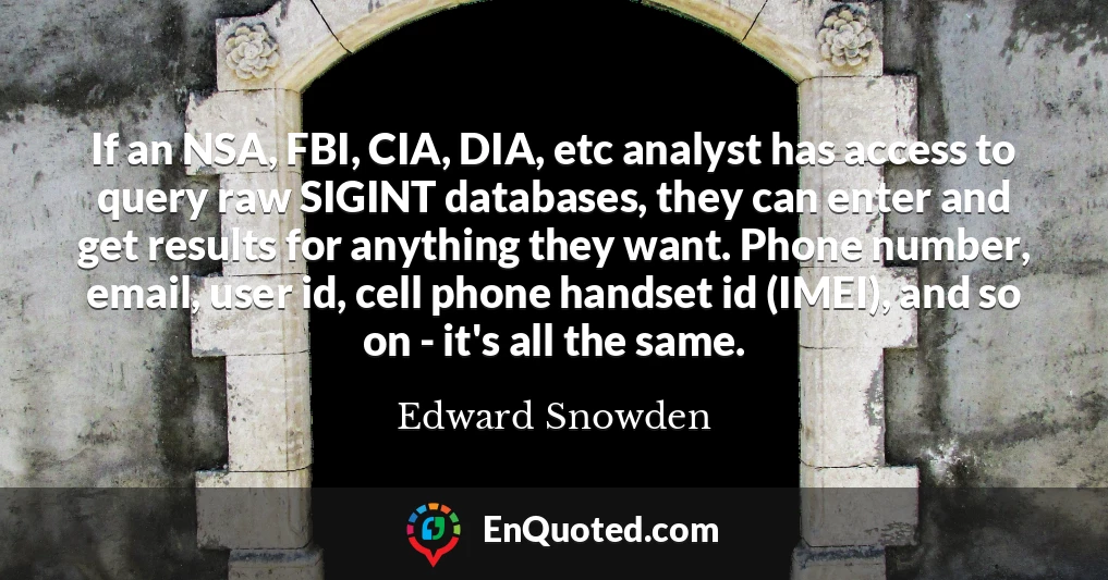 If an NSA, FBI, CIA, DIA, etc analyst has access to query raw SIGINT databases, they can enter and get results for anything they want. Phone number, email, user id, cell phone handset id (IMEI), and so on - it's all the same.