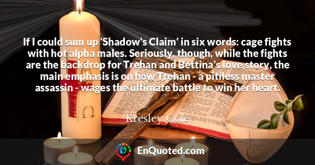 If I could sum up 'Shadow's Claim' in six words: cage fights with hot alpha males. Seriously, though, while the fights are the backdrop for Trehan and Bettina's love story, the main emphasis is on how Trehan - a pitiless master assassin - wages the ultimate battle to win her heart.