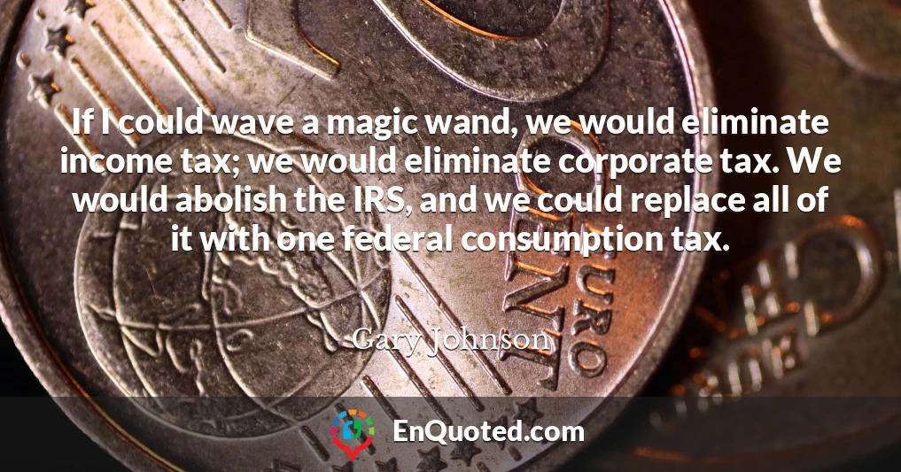 If I could wave a magic wand, we would eliminate income tax; we would eliminate corporate tax. We would abolish the IRS, and we could replace all of it with one federal consumption tax.