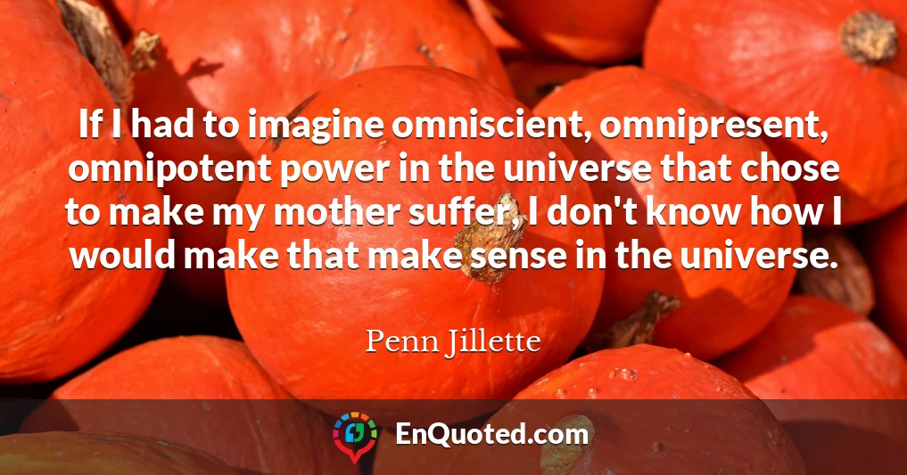 If I had to imagine omniscient, omnipresent, omnipotent power in the universe that chose to make my mother suffer, I don't know how I would make that make sense in the universe.