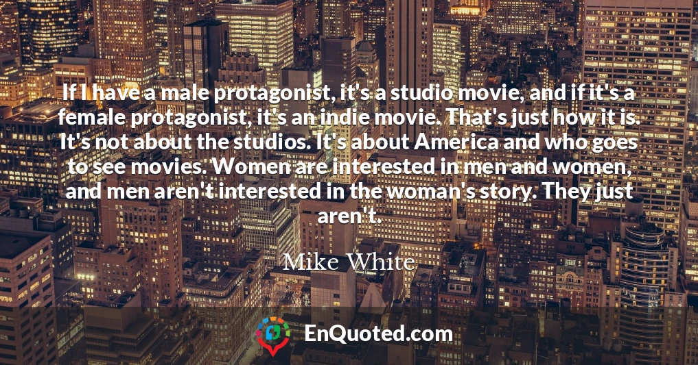 If I have a male protagonist, it's a studio movie, and if it's a female protagonist, it's an indie movie. That's just how it is. It's not about the studios. It's about America and who goes to see movies. Women are interested in men and women, and men aren't interested in the woman's story. They just aren't.