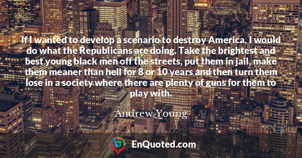 If I wanted to develop a scenario to destroy America, I would do what the Republicans are doing. Take the brightest and best young black men off the streets, put them in jail, make them meaner than hell for 8 or 10 years and then turn them lose in a society where there are plenty of guns for them to play with.