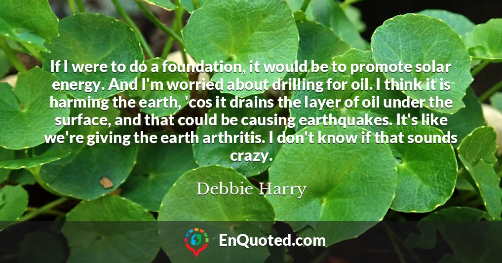 If I were to do a foundation, it would be to promote solar energy. And I'm worried about drilling for oil. I think it is harming the earth, 'cos it drains the layer of oil under the surface, and that could be causing earthquakes. It's like we're giving the earth arthritis. I don't know if that sounds crazy.