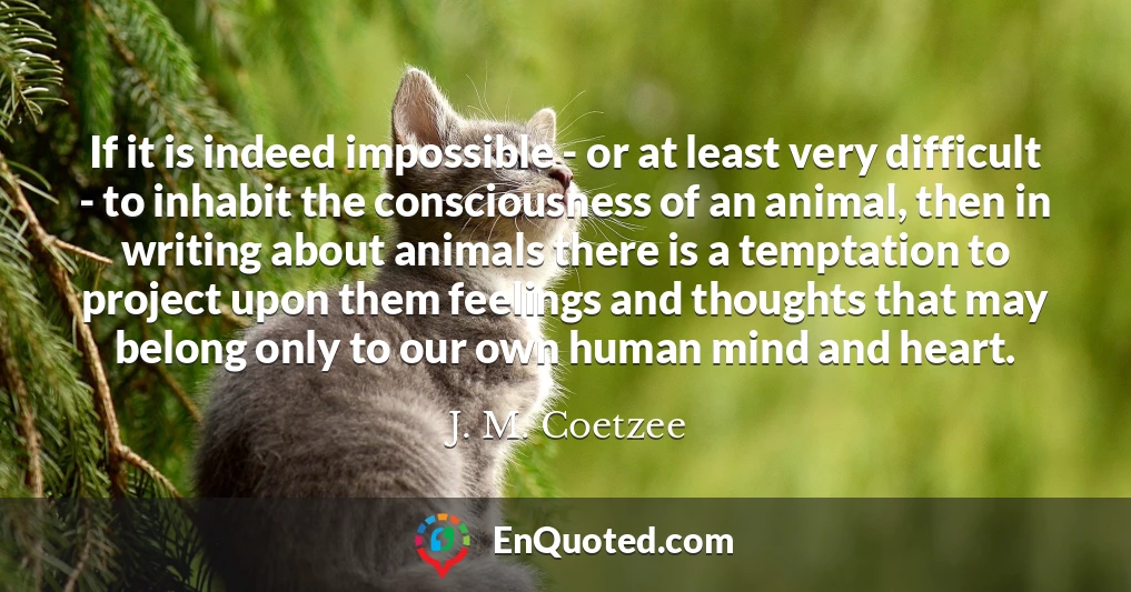 If it is indeed impossible - or at least very difficult - to inhabit the consciousness of an animal, then in writing about animals there is a temptation to project upon them feelings and thoughts that may belong only to our own human mind and heart.