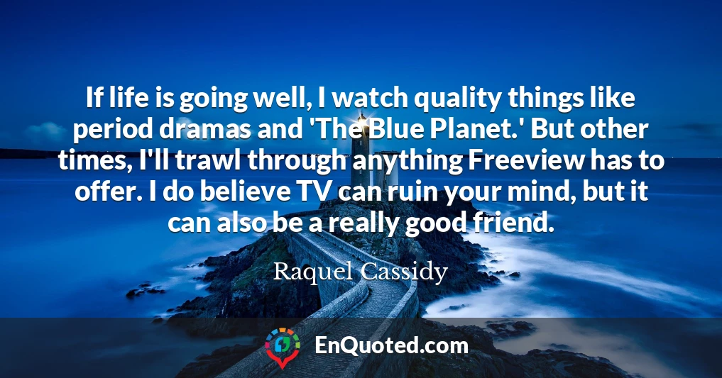 If life is going well, I watch quality things like period dramas and 'The Blue Planet.' But other times, I'll trawl through anything Freeview has to offer. I do believe TV can ruin your mind, but it can also be a really good friend.