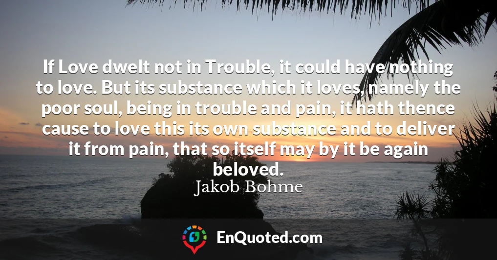 If Love dwelt not in Trouble, it could have nothing to love. But its substance which it loves, namely the poor soul, being in trouble and pain, it hath thence cause to love this its own substance and to deliver it from pain, that so itself may by it be again beloved.