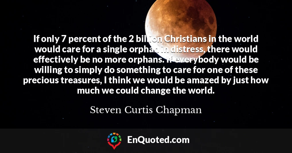 If only 7 percent of the 2 billion Christians in the world would care for a single orphan in distress, there would effectively be no more orphans. If everybody would be willing to simply do something to care for one of these precious treasures, I think we would be amazed by just how much we could change the world.