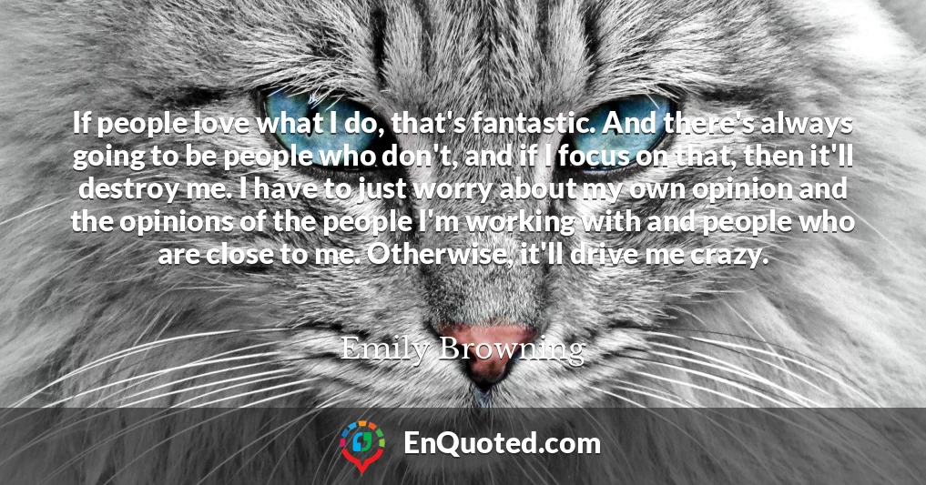 If people love what I do, that's fantastic. And there's always going to be people who don't, and if I focus on that, then it'll destroy me. I have to just worry about my own opinion and the opinions of the people I'm working with and people who are close to me. Otherwise, it'll drive me crazy.