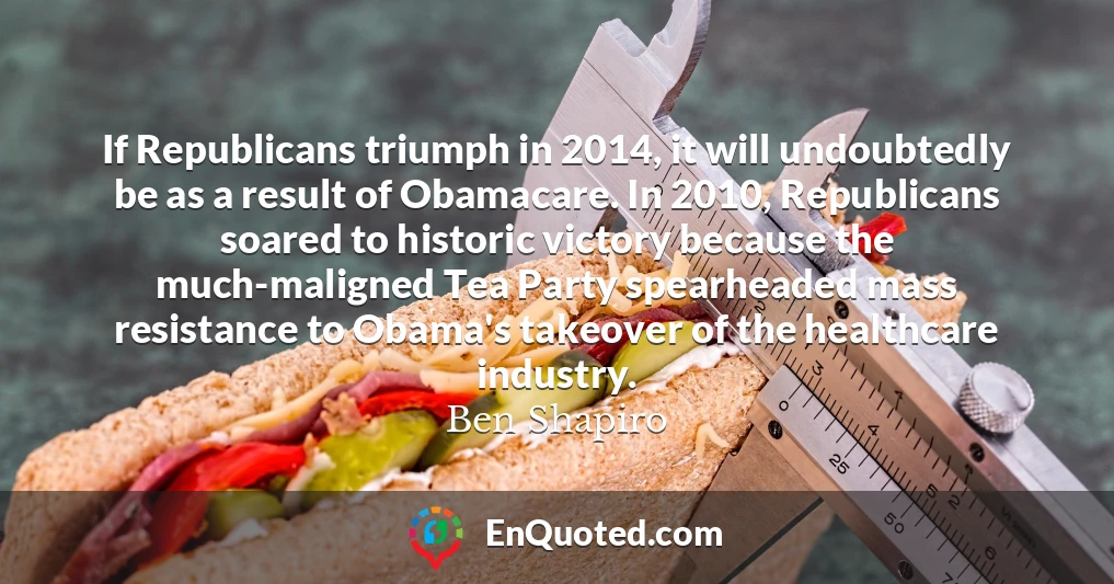 If Republicans triumph in 2014, it will undoubtedly be as a result of Obamacare. In 2010, Republicans soared to historic victory because the much-maligned Tea Party spearheaded mass resistance to Obama's takeover of the healthcare industry.