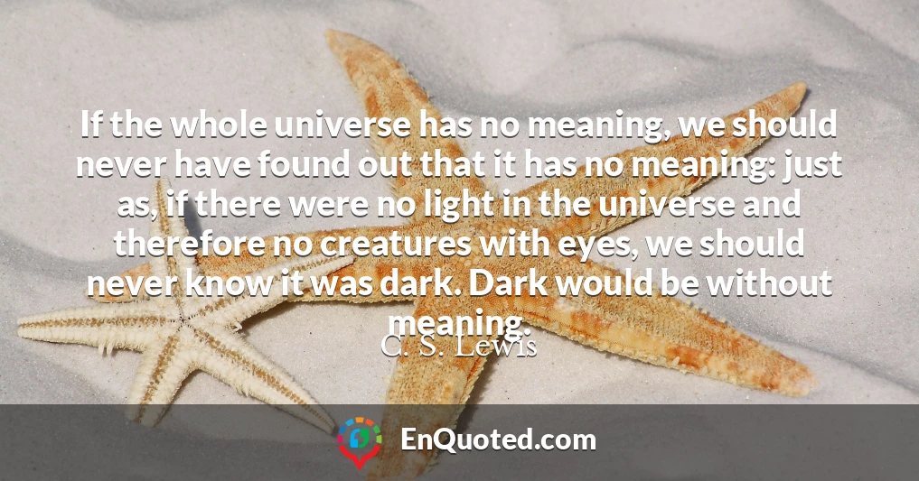 If the whole universe has no meaning, we should never have found out that it has no meaning: just as, if there were no light in the universe and therefore no creatures with eyes, we should never know it was dark. Dark would be without meaning.