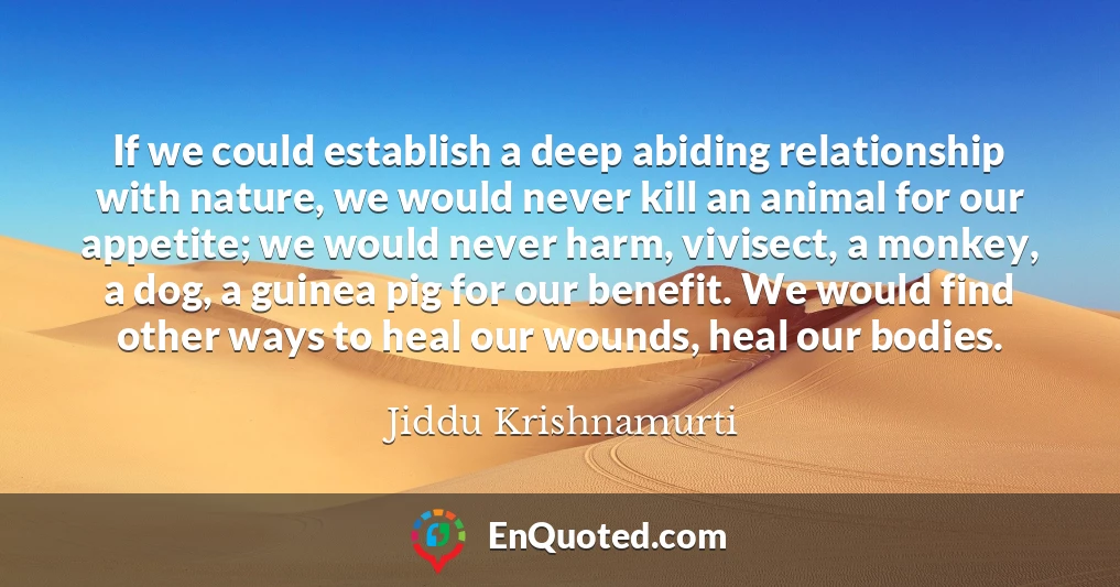 If we could establish a deep abiding relationship with nature, we would never kill an animal for our appetite; we would never harm, vivisect, a monkey, a dog, a guinea pig for our benefit. We would find other ways to heal our wounds, heal our bodies.