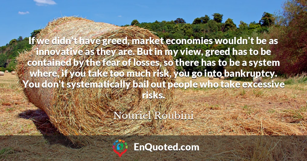 If we didn't have greed, market economies wouldn't be as innovative as they are. But in my view, greed has to be contained by the fear of losses, so there has to be a system where, if you take too much risk, you go into bankruptcy. You don't systematically bail out people who take excessive risks.