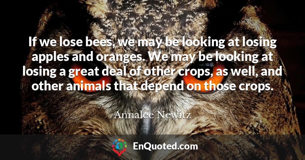 If we lose bees, we may be looking at losing apples and oranges. We may be looking at losing a great deal of other crops, as well, and other animals that depend on those crops.