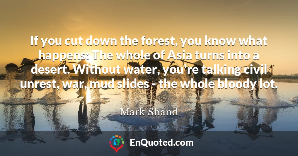 If you cut down the forest, you know what happens: The whole of Asia turns into a desert. Without water, you're talking civil unrest, war, mud slides - the whole bloody lot.