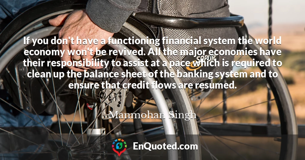 If you don't have a functioning financial system the world economy won't be revived. All the major economies have their responsibility to assist at a pace which is required to clean up the balance sheet of the banking system and to ensure that credit flows are resumed.