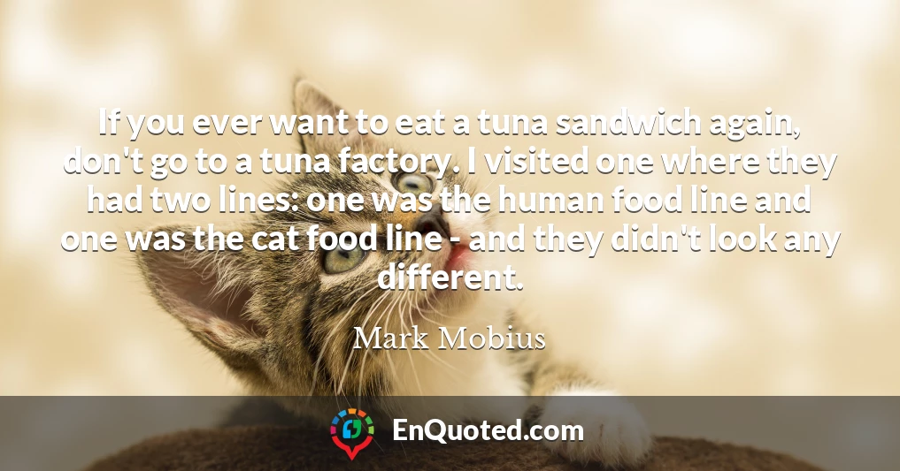 If you ever want to eat a tuna sandwich again, don't go to a tuna factory. I visited one where they had two lines: one was the human food line and one was the cat food line - and they didn't look any different.