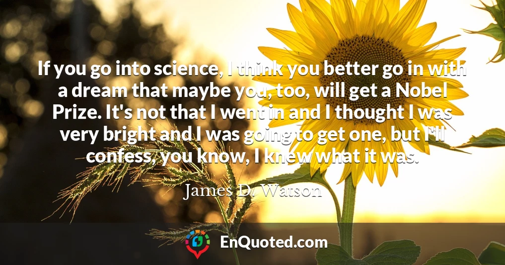 If you go into science, I think you better go in with a dream that maybe you, too, will get a Nobel Prize. It's not that I went in and I thought I was very bright and I was going to get one, but I'll confess, you know, I knew what it was.