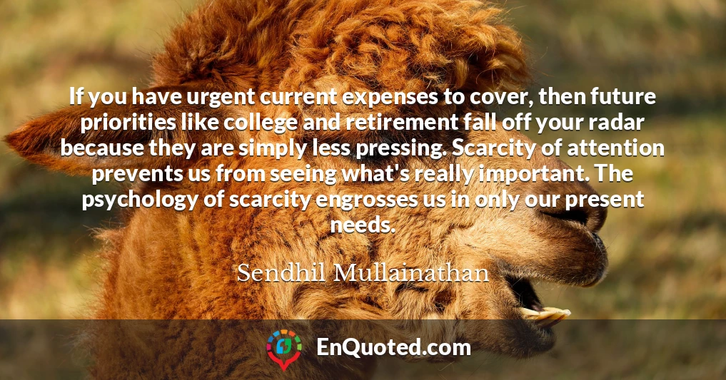 If you have urgent current expenses to cover, then future priorities like college and retirement fall off your radar because they are simply less pressing. Scarcity of attention prevents us from seeing what's really important. The psychology of scarcity engrosses us in only our present needs.
