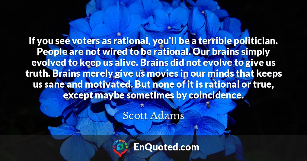 If you see voters as rational, you'll be a terrible politician. People are not wired to be rational. Our brains simply evolved to keep us alive. Brains did not evolve to give us truth. Brains merely give us movies in our minds that keeps us sane and motivated. But none of it is rational or true, except maybe sometimes by coincidence.