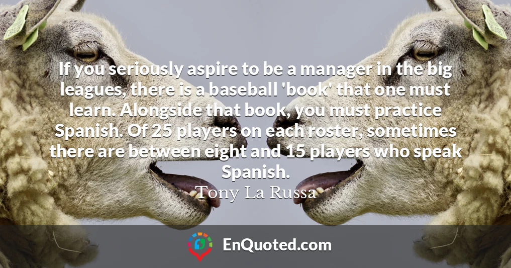If you seriously aspire to be a manager in the big leagues, there is a baseball 'book' that one must learn. Alongside that book, you must practice Spanish. Of 25 players on each roster, sometimes there are between eight and 15 players who speak Spanish.