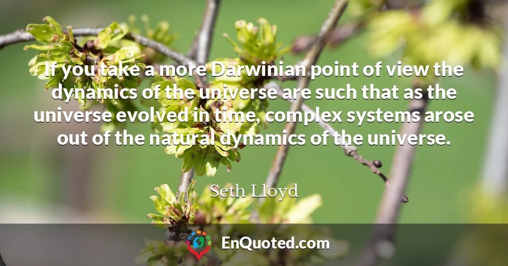 If you take a more Darwinian point of view the dynamics of the universe are such that as the universe evolved in time, complex systems arose out of the natural dynamics of the universe.