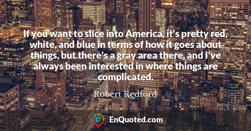 If you want to slice into America, it's pretty red, white, and blue in terms of how it goes about things, but there's a gray area there, and I've always been interested in where things are complicated.