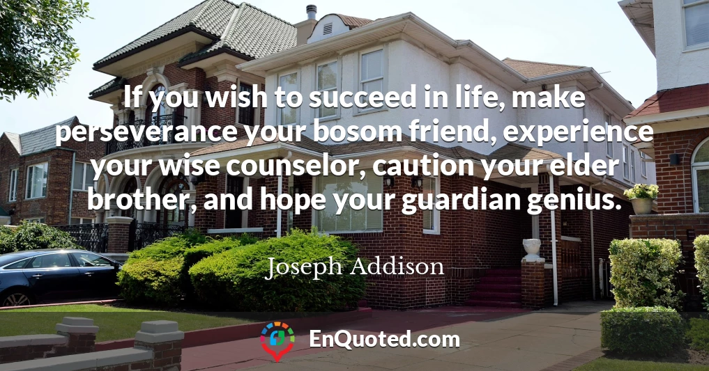 If you wish to succeed in life, make perseverance your bosom friend, experience your wise counselor, caution your elder brother, and hope your guardian genius.