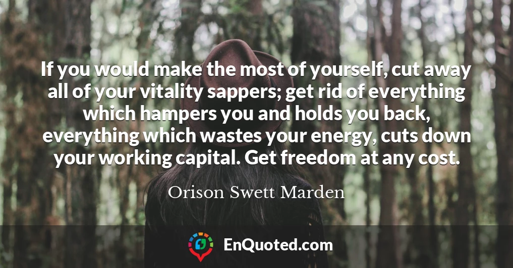 If you would make the most of yourself, cut away all of your vitality sappers; get rid of everything which hampers you and holds you back, everything which wastes your energy, cuts down your working capital. Get freedom at any cost.