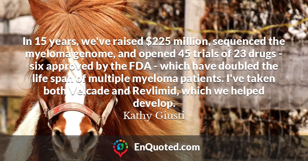 In 15 years, we've raised $225 million, sequenced the myeloma genome, and opened 45 trials of 23 drugs - six approved by the FDA - which have doubled the life span of multiple myeloma patients. I've taken both Velcade and Revlimid, which we helped develop.