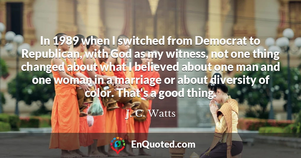 In 1989 when I switched from Democrat to Republican, with God as my witness, not one thing changed about what I believed about one man and one woman in a marriage or about diversity of color. That's a good thing.