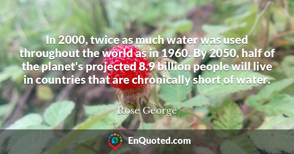 In 2000, twice as much water was used throughout the world as in 1960. By 2050, half of the planet's projected 8.9 billion people will live in countries that are chronically short of water.