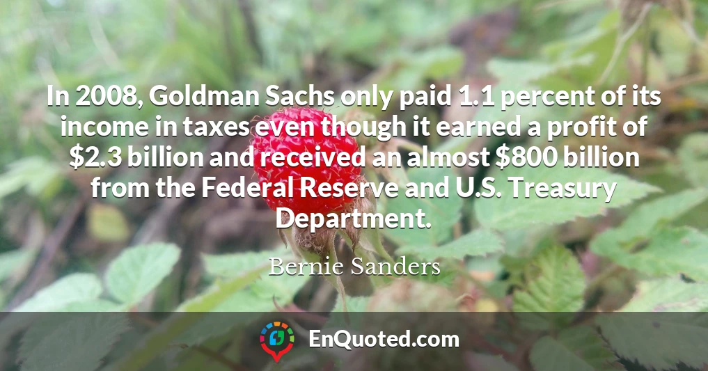 In 2008, Goldman Sachs only paid 1.1 percent of its income in taxes even though it earned a profit of $2.3 billion and received an almost $800 billion from the Federal Reserve and U.S. Treasury Department.