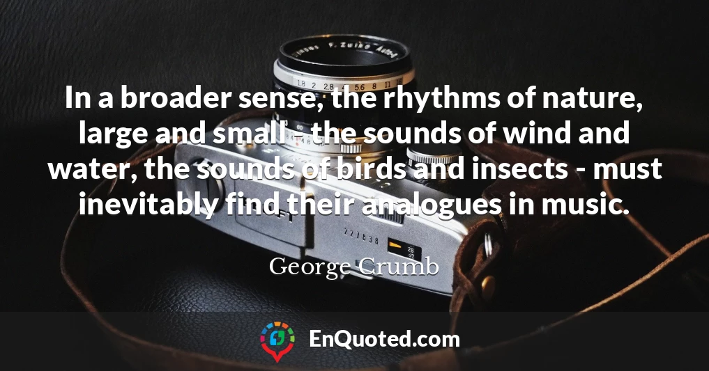 In a broader sense, the rhythms of nature, large and small - the sounds of wind and water, the sounds of birds and insects - must inevitably find their analogues in music.