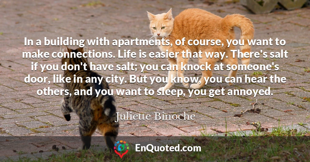 In a building with apartments, of course, you want to make connections. Life is easier that way. There's salt if you don't have salt; you can knock at someone's door, like in any city. But you know, you can hear the others, and you want to sleep, you get annoyed.