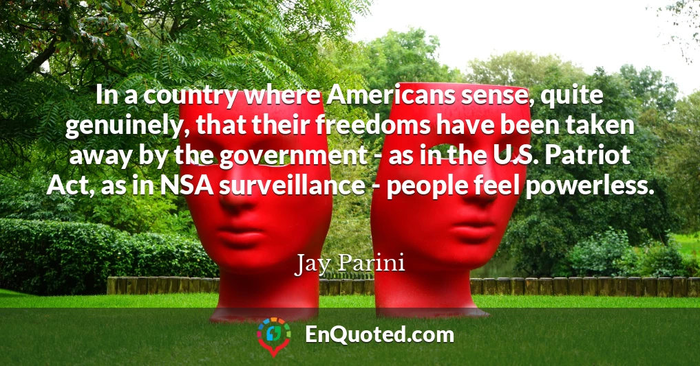 In a country where Americans sense, quite genuinely, that their freedoms have been taken away by the government - as in the U.S. Patriot Act, as in NSA surveillance - people feel powerless.