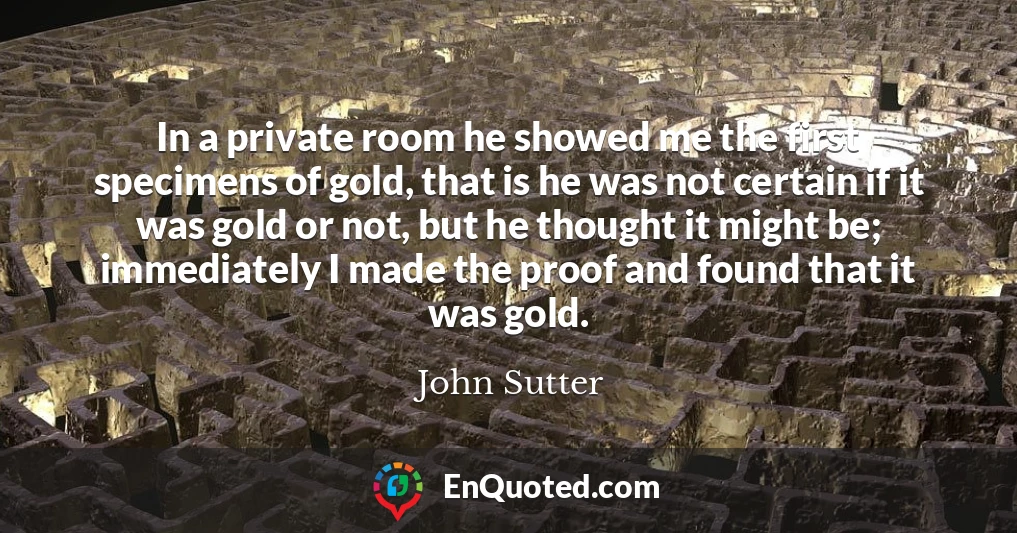 In a private room he showed me the first specimens of gold, that is he was not certain if it was gold or not, but he thought it might be; immediately I made the proof and found that it was gold.