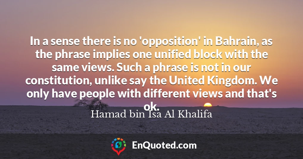 In a sense there is no 'opposition' in Bahrain, as the phrase implies one unified block with the same views. Such a phrase is not in our constitution, unlike say the United Kingdom. We only have people with different views and that's ok.