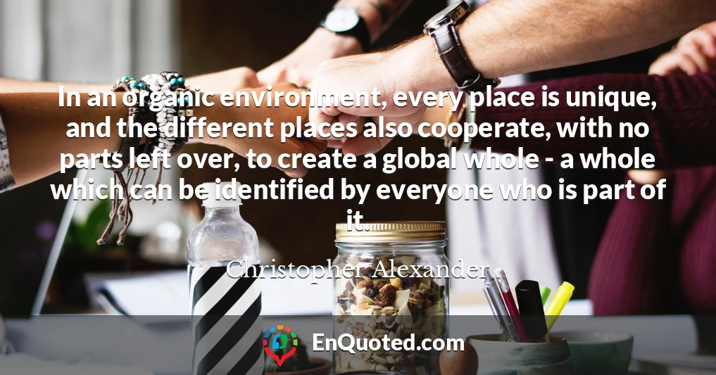 In an organic environment, every place is unique, and the different places also cooperate, with no parts left over, to create a global whole - a whole which can be identified by everyone who is part of it.