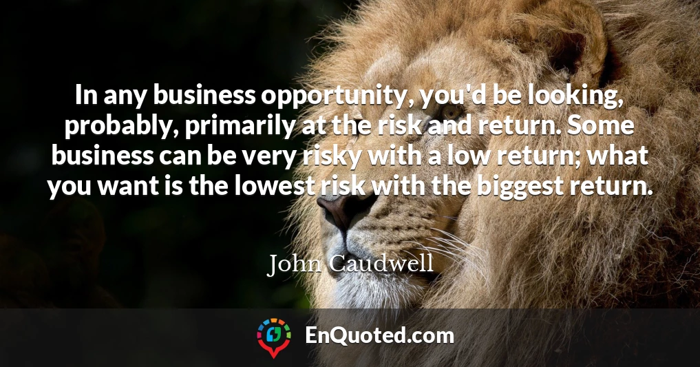 In any business opportunity, you'd be looking, probably, primarily at the risk and return. Some business can be very risky with a low return; what you want is the lowest risk with the biggest return.
