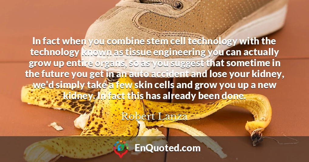 In fact when you combine stem cell technology with the technology known as tissue engineering you can actually grow up entire organs, so as you suggest that sometime in the future you get in an auto accident and lose your kidney, we'd simply take a few skin cells and grow you up a new kidney. In fact this has already been done.
