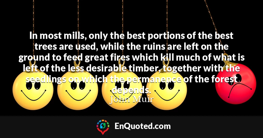 In most mills, only the best portions of the best trees are used, while the ruins are left on the ground to feed great fires which kill much of what is left of the less desirable timber, together with the seedlings on which the permanence of the forest depends.